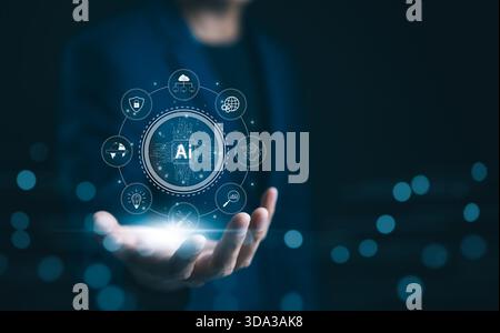 AI, Artificial Intelligence Technology Concept. Businessman holding digital interface with AI symbols represent applications of artificial intelligenc Stock Photo