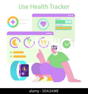 Vector illustration of a person interacting with a health tracker interface. Displays icons for activity tracking, nutrition, and heart rate monitoring, promoting wellness and healthy living. Stock Vector