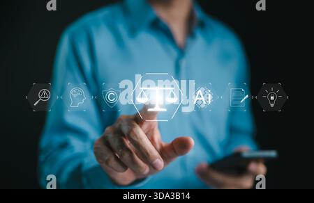AI Laws and Regulations Concept. Man touches digital icons represent justice, AI, copyright, and regulations, symbolizing intersection of law and arti Stock Photo