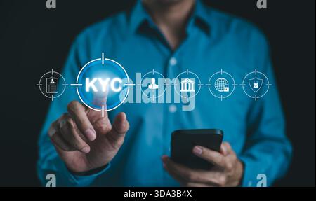 KYC verification concept. Person interacting with Know Your Customer (KYC) compliance and security interface on digital screen. Identity verification, Stock Photo