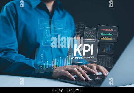 KPI, Key Performance Indicators Analysis. Businessman using digital screen to analyze key performance indicators (KPI) with various graphs, charts, sh Stock Photo