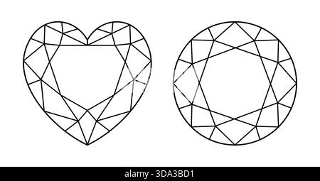 Heart, Circle diamond cut shape icons. Design diagram. Brilliant Heart, Circle shaped modified cut. Set of Precious gemstone outline patterns for Stock Vector