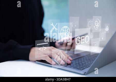GEO Concept. Generative Engine Optimization for Online Marketing Strategy, Hands typing on laptop with icons representing AI, coding, modern online ma Stock Photo