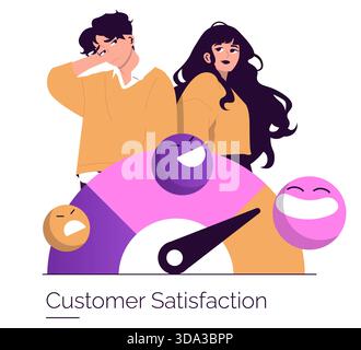 Vector illustration depicting customer satisfaction levels with a gauge. Two individuals express different emotions as a meter reflects varying degrees of satisfaction. Stock Vector
