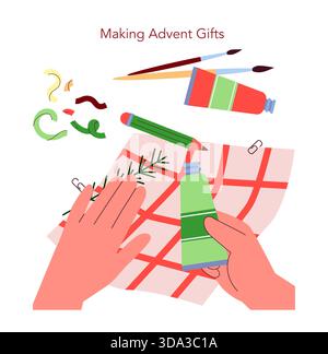 Vector illustration of hands crafting advent gifts with brushes, paint tubes, and a pencil on a patterned cloth. The scene captures creative and festive DIY gift preparation. Stock Vector