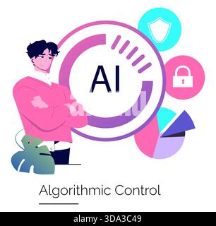 Vector illustration showing a person confidently managing artificial intelligence surrounded by security icons, representing AI control and technology integration. Stock Vector