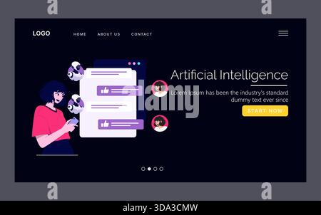 Vector illustration of a woman interacting with an AI chatbot on her smartphone. The scene shows messages and virtual assistants, reflecting technology and artificial intelligence communication. Stock Vector