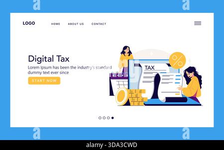 Vector illustration showing a digital tax concept on a website landing page. Features two people interacting with tax documents, coins, and a calendar, highlighting financial themes. Stock Vector