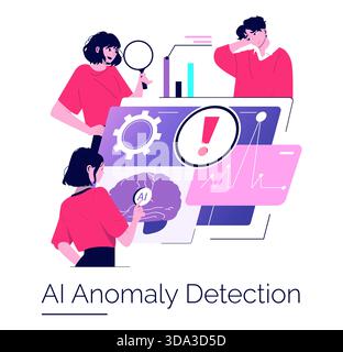 Vector illustration showing three individuals analyzing data for AI anomaly detection. Features graphs, gears, and a brain icon, representing artificial intelligence and machine learning. Stock Vector