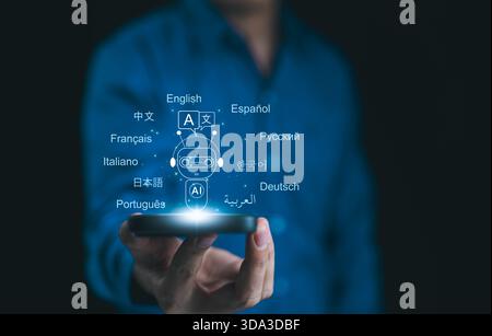 AI-Powered Language Translate App Concept. A person holds smartphone displaying an AI powered language translation app. Screen features robot Stock Photo