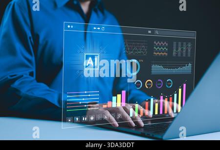 Analysis of enterprise data. Businessman use AI technology to analyze KPI data on futuristic digital interfaces. Screen displays graphs, dashboard cha Stock Photo