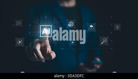 AI, Artificial Intelligence Concept. Businessman interacting with digital icons representing artificial intelligence, technology, and innovation, show Stock Photo
