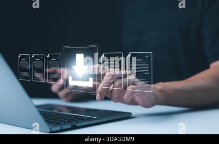 Digital File Download and Data Transfer Technology. Person interacting with digital interface to download files, symbolizes modern data transfer, file Stock Photo