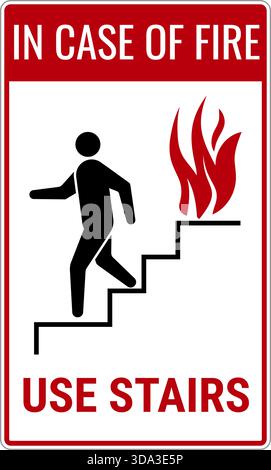 In case of fire use stairs emergency sign. Safety sign featurng person descending stairs beside flames Stock Vector