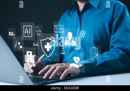 AI-Driven Healthcare and Medical Technology Concept. A professional using laptop with digital AI powered healthcare icons, medical services, data prot Stock Photo