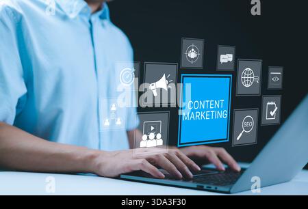 Content Marketing Strategy and Digital Promotion Concept. Content marketing tools. icons for SEO, social media, global communication, marketing strate Stock Photo