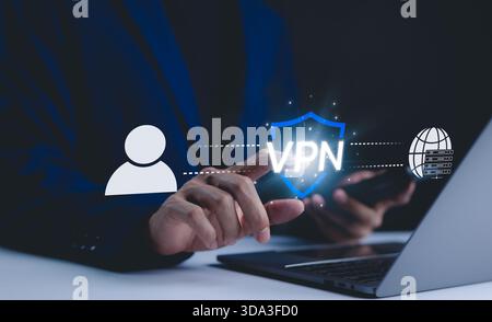 VPN, Virtual Private Network, Internet and network concept. A hand interacts with a digital interface displaying VPN technology, with icons representi Stock Photo