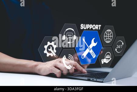 Technical support and customer service concept. Digital icon representing technical support, customer service and 24/7 assistance. Business technology Stock Photo