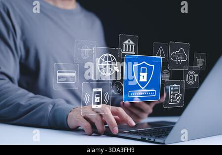 Cybersecurity protection and data security concept. Digital icons representing cyber security, data protection, encryption, and secure access. online Stock Photo