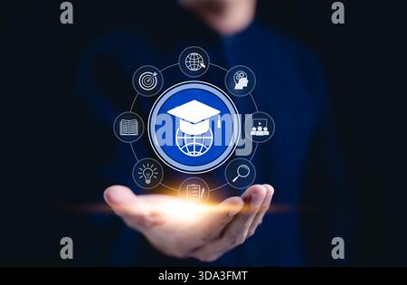 E-learning and online education technology concepts. digital interface with icons related to online education, symbolizing elearning, Stock Photo