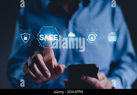 SASE Concept. Secure access service edge technology. digital interface SASE icons represent secure access, cloud security, network management, Stock Photo
