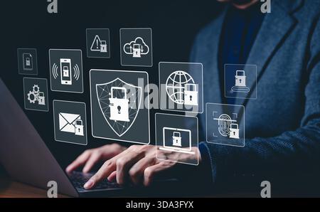 Cybersecurity and data protection technology concept. Cyber security concept showcasing data protection, internet privacy, antivirus defense, and secu Stock Photo