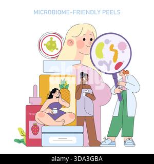 Vector illustration of diverse individuals using microbiome-friendly skincare peels. Focus on skincare products, microbes under a magnifying glass, and people applying the peels. Stock Vector