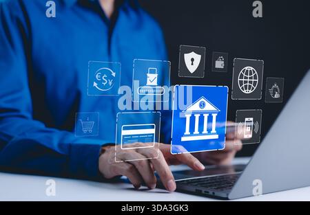 Digital banking and financial technology concept. icons financial and digital services, online banking, data security, currency exchange, and payments Stock Photo
