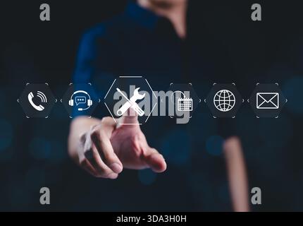 Technical Support and Customer Service Concept. Icon of tools, with icons for customer service, 24/7 support, communication, and technical maintenance Stock Photo