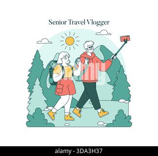 Elderly couple engaged in vlogging while hiking through scenic mountains. This playful vector illustration captures their joyful expressions as they share their travel experiences on camera. Stock Vector