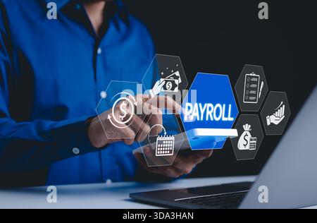 Payroll Management and Financial Processing Concept. A person interacts with payroll interface, featuring icons for salary distribution, financial Stock Photo