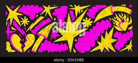 Neon colors hand-drawn doodle shapes. Abstract geometric figures oil pastel drawn. Crayon arrow, broken heart bob elements, stars and doodles punk for Stock Vector