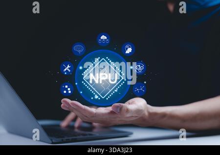 Neural Processing Unit (NPU) and AI Technology Concept. A hand holds a digital interface "NPU," representing artificial intelligence, machine learning Stock Photo