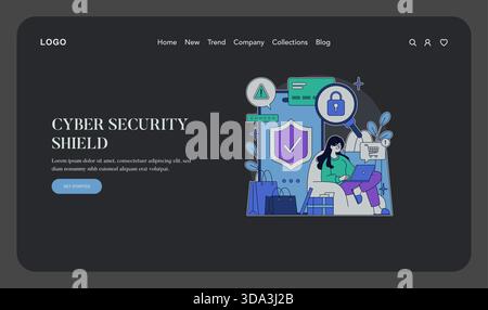 Cyber security shield vector illustration on a website page. Illustrates online protection with icons of locks and security shields. Ideal for themes of data safety and internet security. Stock Vector