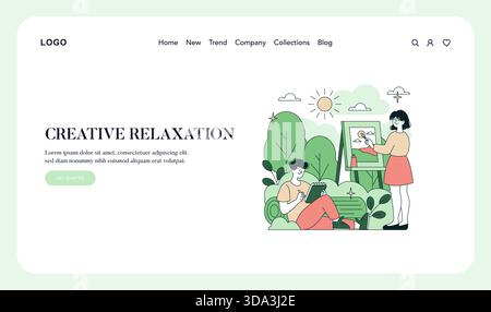 Vector illustration showcasing two individuals engaging in creative relaxation outdoors. One person is painting while the other is drawing. Surrounding elements include nature and a sunny setting. Stock Vector