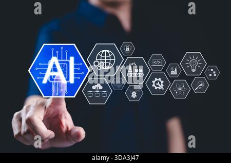 AI, Artificial Intelligence and Technology Innovation Concept. A hand interacting with a digital AI interface, with icons representing innovation, Stock Photo