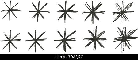Asterisk star icon scribble brush. Snowflakes simple handwritten shape elements set. Abstract crayon pencil stars collection. Uneven ink stroke snow f Stock Vector