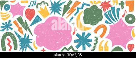 Bang text boxes crayon naive background. Geometric and abstract figures hand drawn scribbles set. Music note, lightning, arrows, heart stickers. Vecto Stock Vector