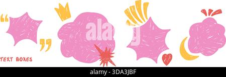 Kids text boxes stickers crayon set. Geometric bang and boom clouds figures hand drawn scribbles set. Pink chat dialogue callouts promo stickers. Vect Stock Vector