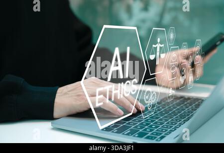 AI Ethics and Responsibility in Technology Concept. AI ethics and responsible artificial intelligence practices. Ethical AI development, fairness, Stock Photo