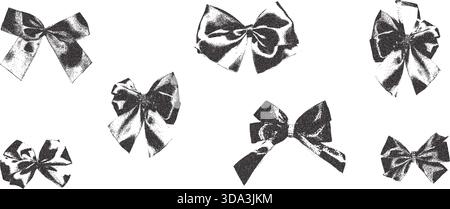 Halftone photocopy vintage bow. Ribbon retro girly threshold collage effect cutout. Dotted stippling black grunge bowknot elements. Vector y2k gritty Stock Vector