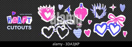 Hearts paper cutouts symbols. Heart in a fire, crayon frames stickers. Scrapbook romantic punk doodle torn tag elements for Valentine day scrawl desig Stock Vector