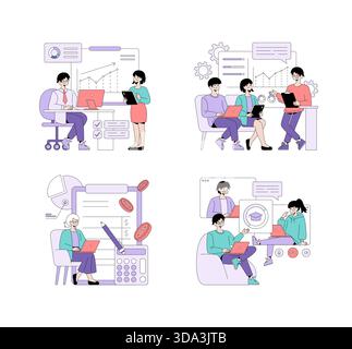 Vector illustration depicting collaborative business meetings and online education. Includes diverse professionals engaging with laptops and presentations, highlighting teamwork and learning. Stock Vector