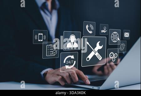 Technical support and customer service concept. Digital icon representing technical support, customer service and 24/7 assistance. Business technology Stock Photo