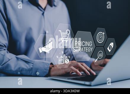Pricing Strategy and Business Planning Concept. Businessman working on a laptop with digital icons displaying pricing strategy, financial growth, Stock Photo