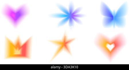 Heart, flower y2k gradient icon. Gradation colors shapes. Butterfly, crown blur simple elements. Soft smooth retro figures. Blurry gradient textured. Stock Vector