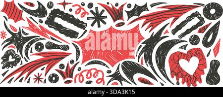 Bang text box, crayon abstract geometric cutout shapes background set. Geometry, organic freeform mixed media naive hand drawn figures. Stars, arrows, Stock Vector