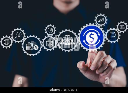 Automated Financial System concept. Automation featuring interconnected gears with various financial symbols, including a dollar icon, charts, Stock Photo