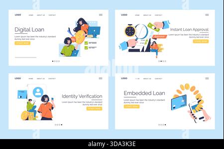 Vector illustrations showing digital loan, instant approval, identity verification, and embedded loan processes. Features individuals interacting with laptops, smartphones, and documents. Stock Vector