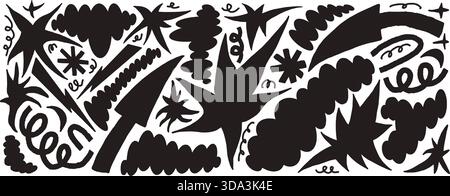 Geometric and organic figures silhouettes. Y2K paper collage with stars, arrows, clouds, and doodles. Black graphic illustration. Vector hand drawn se Stock Vector